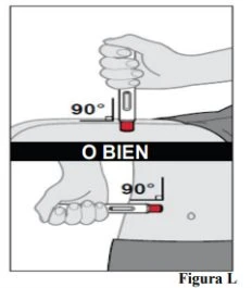Medical illustration showing two methods of injecting medication with a device at a 90-degree angle, both vertically and horizontally