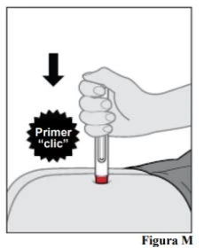 A hand presses vertically a medical device with a red tip against the skin of the thigh, indicated by a black downward arrow
