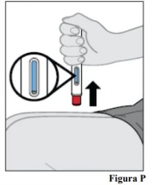 A hand holding an injection pen above the thigh with a black arrow pointing downward