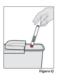 A hand holding a cylindrical medical device and placing it into a sharps or hazardous waste disposal container
