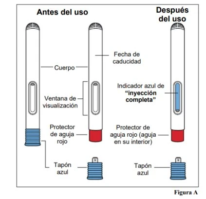 Diagram of a medical device showing body, display window, and needle shield