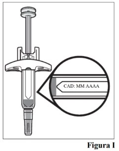 Technical drawing of a syringe-like medical device with a circular magnification showing the marking CAD MM AAAA on the surface