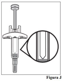 Technical drawing of a pre-filled syringe with a circular magnification highlighting the tip detail
