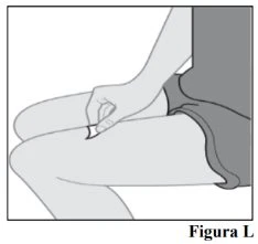 Schematic drawing of a hand applying a bandage or medical device to the upper thigh of a seated person