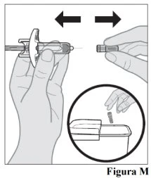 Hands separating and then placing a cap onto a medical device with directional arrows and a detail of disposal into a container