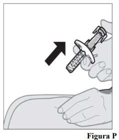 One hand holding a syringe-shaped medical device directed toward the leg of a person, with a black arrow indicating movement
