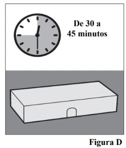 Analog clock indicating a time interval between 30 and 45 minutes above a three-dimensional gray rectangle with a central recess