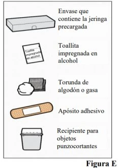 Diagram showing a pre-filled syringe carton, alcohol wipe, cotton swab, adhesive bandage, and sharps container