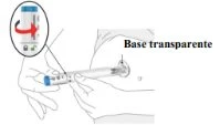 Disegno tecnico che mostra mani che impugnano un iniettore su una parte del corpo con un ingrandimento che evidenzia la base trasparente del dispositivo