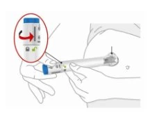 Hands holding an injection pen ready to apply on the chest with a magnified detail showing rotation of the upper part