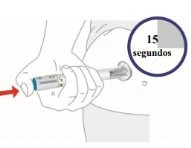 A hand holding a syringe pressed against the skin with a red arrow indicating pressure and a circle with the text '15 seconds'