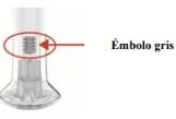 Diagram of a transparent syringe with a red arrow indicating the internal gray plunger labeled 'Émbolo gris'