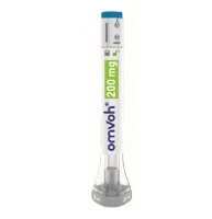 White vertical medical injection pen with blue and green text displaying the name Omvoh and dosage of 200 mg on a white background