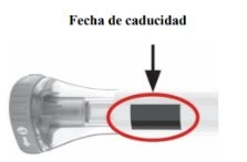 Spanish text 'Fecha de caducidad' with a black arrow pointing to a dark rectangle highlighted by a red circle on a medical device
