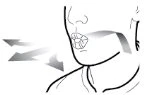 Line drawing of a face in profile with arrows indicating a downward and leftward head rotation movement