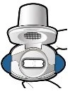 White medical device with a central rectangular button and two large blue side keys on a white background