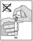 Hands holding a syringe vertically with a curved arrow indicating rotational movement of the upper cap crossed out with an X