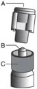 Medical diagram with three cylindrical components labeled A, B, and C arranged vertically in an interlocking structure