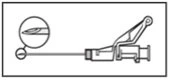 Technical diagram of a syringe with a thin needle and an enlarged detail of the sharp tip