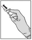 A gloved hand holds a syringe with a protective cap being removed upward