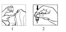 Disegno in due fasi che mostra una mano che apre un flaconcino e una mano che preleva una goccia di liquido con un contagocce
