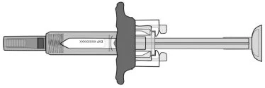 Technical drawing of a horizontal syringe with transparent body, plunger, graduated scale, and a central dark wing-shaped shield
