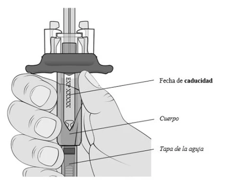 Technical drawing of a hand holding a medical device with labels indicating expiration date, body, and needle cap