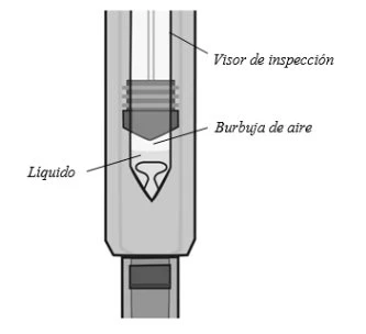 Technical diagram of a syringe with inspection window, air bubble, and dosage markings