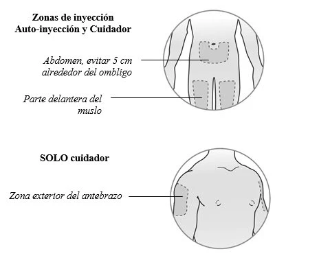 Medical diagram showing three injection zones: abdomen away from the navel, thigh, and upper arm