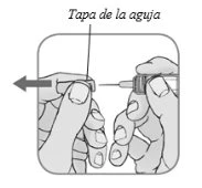 Black and white drawing showing two hands removing a needle cap, with an arrow indicating movement to the left