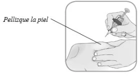 Technical drawing showing a hand pinching the skin of the arm while preparing for injection