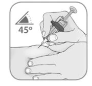 A hand holding a syringe to inject medication into an arm at a 45-degree angle indicated by a graphic symbol