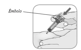 Technical drawing showing two hands holding a syringe to administer medication, with an arrow indicating downward plunger movement