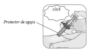 Technical drawing of a hand holding a medical device with the word 'click' in a speech bubble and a line indicating the needle protector
