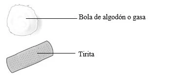 Drawing of a white cotton ball or gauze pad and a gray adhesive strip with textual guide lines on a white background