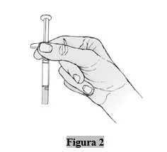 A hand holding a syringe vertically with the thumb on the top and the fingers supporting the body