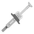 Black and white technical drawing of a medical syringe with cylindrical body, plunger, and central grip for handling