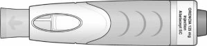 Technical drawing of a medical device Orencia 125 mg with a side label and a transparent oval window on the central body of the container