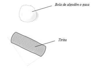 Medical illustration of a white cotton ball or gauze and a gray rectangular adhesive bandage with text in Spanish indicating the materials
