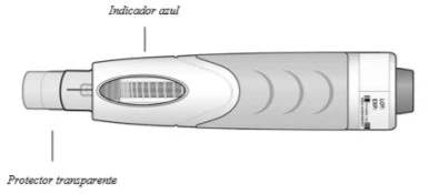 Technical drawing of a medical device with a blue indicator on the top and a transparent protector