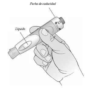 A hand holding a medical device with labels indicating the internal liquid and the expiration date at the top