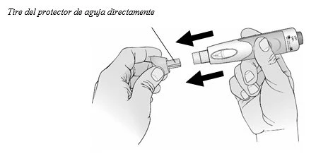 Two hands removing the needle cap from a pen-shaped medical device with two black arrows indicating the removal direction