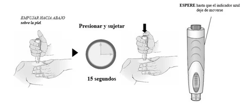 Illustrative diagram showing to press and hold the device against the skin for 15 seconds with a black arrow pointing downward