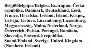 Elenco di vari nomi di paesi europei scritti in diverse lingue su sfondo bianco come parte di un foglietto illustrativo medico