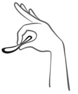 Black line drawing of a hand holding a spoon with liquid or semi-liquid content between thumb and index finger