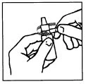 Two hands holding and rotating a glass vial to remove the upper protective cap through coordinated pressure
