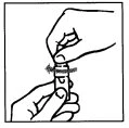 Two hands holding and rotating a small cylindrical vial to open or seal it in a schematic black-and-white drawing