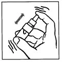 A hand gripping a vial or medical device with rapid movements indicated by vibration lines both above and below it