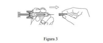 Disegno tecnico che mostra due mani che maneggiano una siringa con un ago e una freccia che indica il movimento verso destra