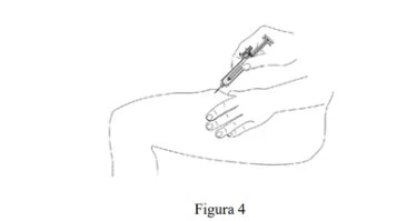 Disegno tecnico che mostra una mano che impugna una siringa per iniettare un farmaco nella parte superiore della coscia di una persona